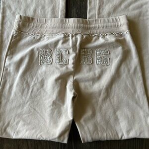 Y2K BCBGMaxAzria VTG Sequin Logo Accent Cream Cotton Medium Flare Pants!